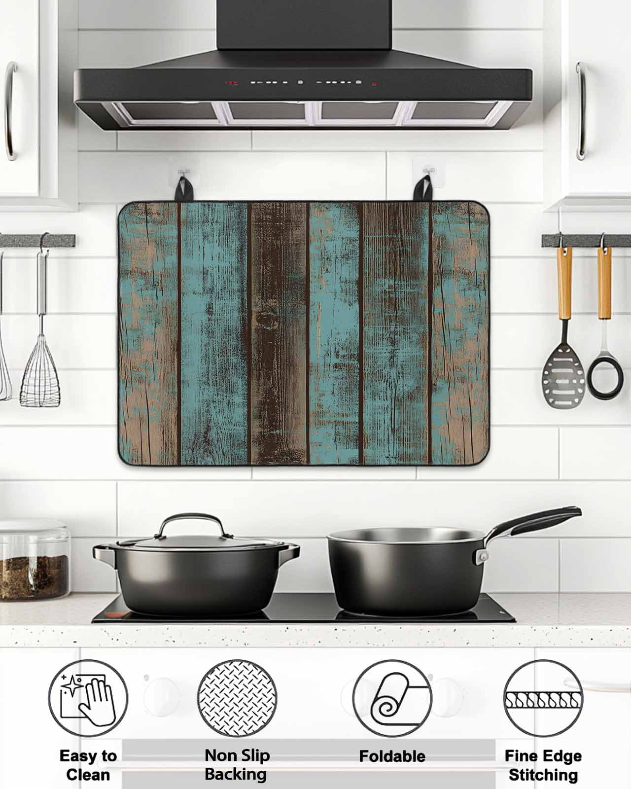 Stove Top Covers for Electric Stove, Teal Wood Grain Glass Stovetop Cover Protector, Gradient Farm Old Wooden Board Vintage Induction Cooktop Protector Oven Mat for Kitchen Countertop 24"x21"