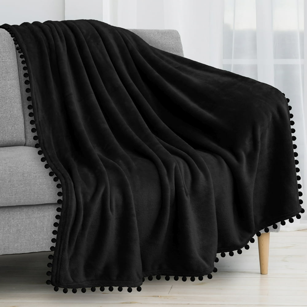 PAVILIA Pom Pom Blanket Throw, Solid Black Soft Fleece Pompom Fringe