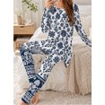 thumbnail image 3 of Women's Milk Silk Sleepwear Long Sleeve Pajama Set Indigo Blue Floral 2 Piece Loungewear, 3 of 7