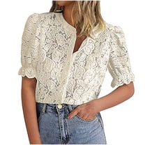 hotojiny Womens Lace Tops 3/4 Length Sleeve Button Down Shirts Casual Lightweight Blouse Spring Summer Fashion Outfits