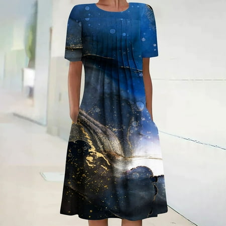 

Women s Dresses Clearance Summer Bohemian Floral Print Short Sleeve Beach Cover Up Dress Knee Length Midi Dress Pockets