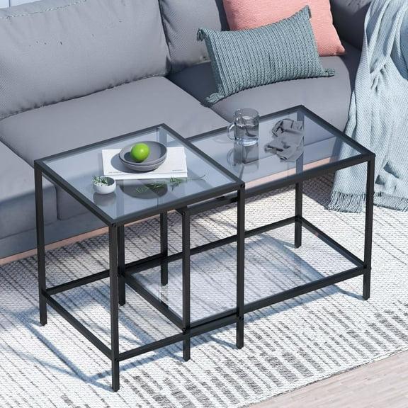 Coffee Table,Small Glass Coffee Table Set of 2,Black Modern Square Sofa Side Tea Table for Living Room,Bedroom and Small Spaces,2 Tier Tempered Glass with Sturdy Metal Frame, Easy Assembly