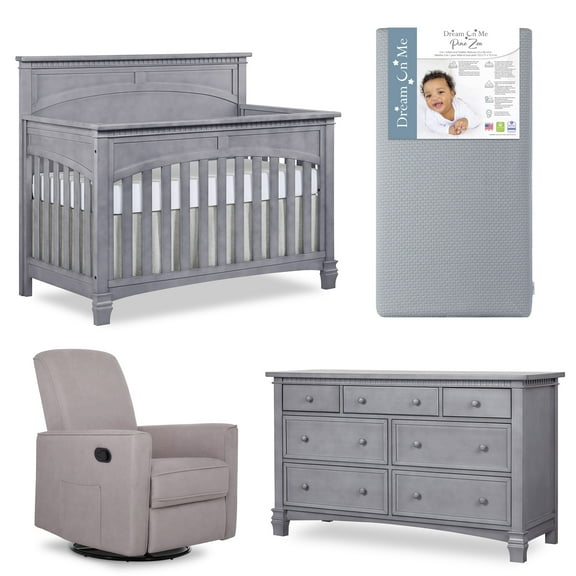 Evolur Nursery Essentials Bundle of Santa Fe 5-in-1 Convertible Crib, Santa Fe Double Dresser & Raleigh Basic Glider, with a Premium Dream On Me Crib Mattress