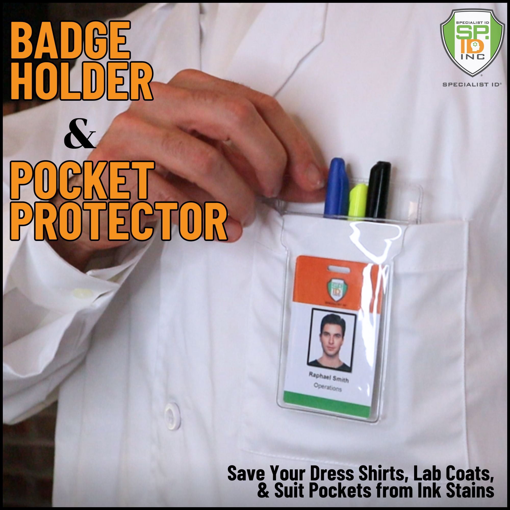 Bulk 50 Pack - Heavy Duty Pocket Protector with Vertical ID Badge Holder - Clear Plastic Shirt/Lab Coat Pocket Pouch Organizer for Pens, Pencils, Small Tools, Name Tags and More by Specialist ID