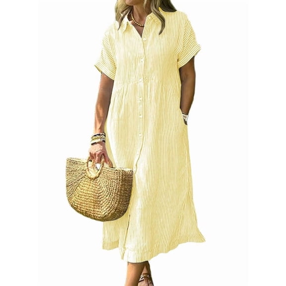 sicmoss Summer Women's Yellow Striped Cotton Short Sleeve Shirt Dress Midi Long Relaxed Fit with Button-Down Collar