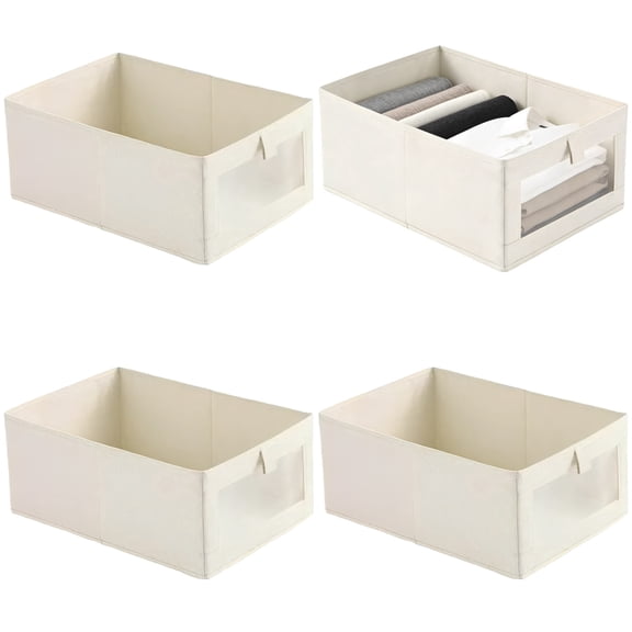 4 Pcs Fabric Storage Bins with Clear Window, 16.1 x 11.0 x 6.7 in Large Foldable Container Boxes, Beige Breathable Cotton Linen for Clothes, Toys, Books, Wardrobe Organizer
