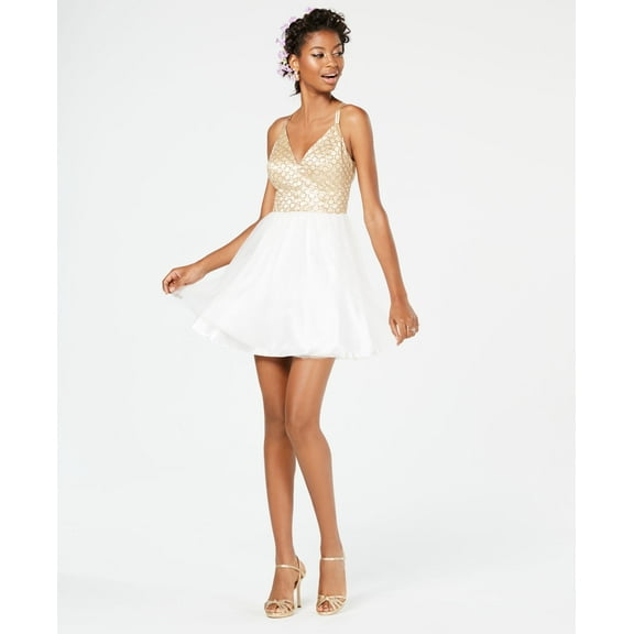 B Darlin Juniors Tulle Glitter Embellished Fit Flare Dress White Gold 9-10