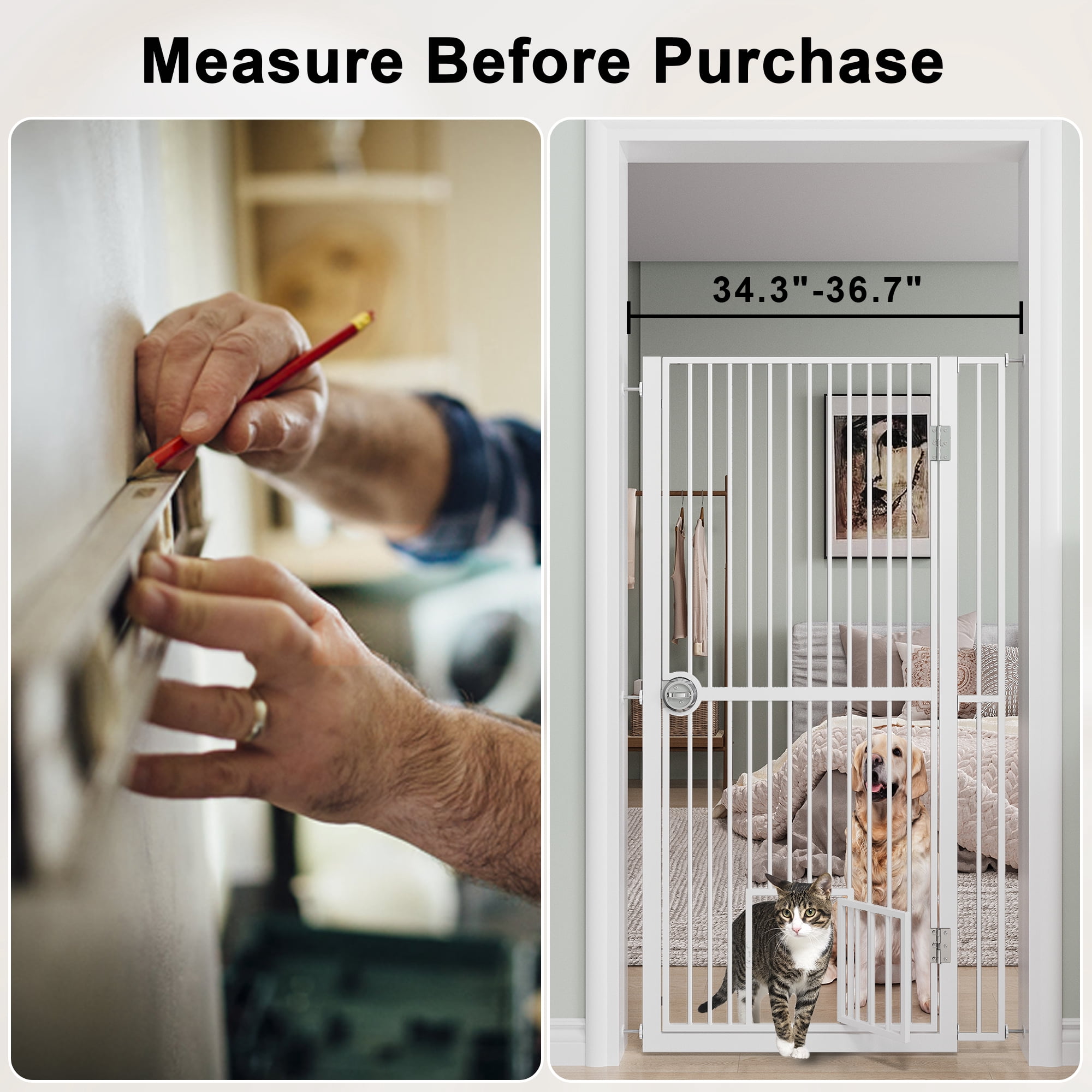 61" Extra Tall Cat Gate for Doorway , Adjustable Wide 34.3"-36.7" and included 4.13" extension kits, Suitable for Doorways or Kitchen, No Drilling Pressure Mount Kit, White