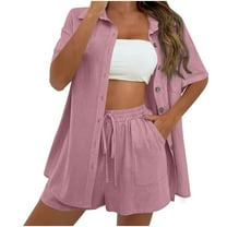 Women Summer Outfits 2 Piece Outfits Short Sleeve Button Down Shirts and Shorts Sweatsuit Casual Loose Drawstring High Waisted Shorts with Pockets Summer Matching Sets Pinks M
