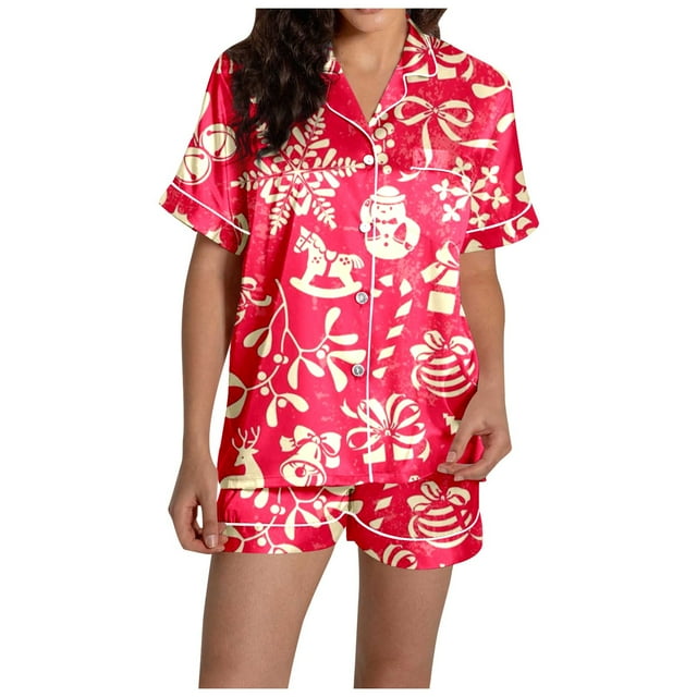 GDREDA Ensemble de pyjamas pour Femmes Dames de Noël Imprimé Satin de Soie à Manches Courtes Ensemble de Pyjama Femmes Ensembles de pyjamas pyjamas Rouge,G