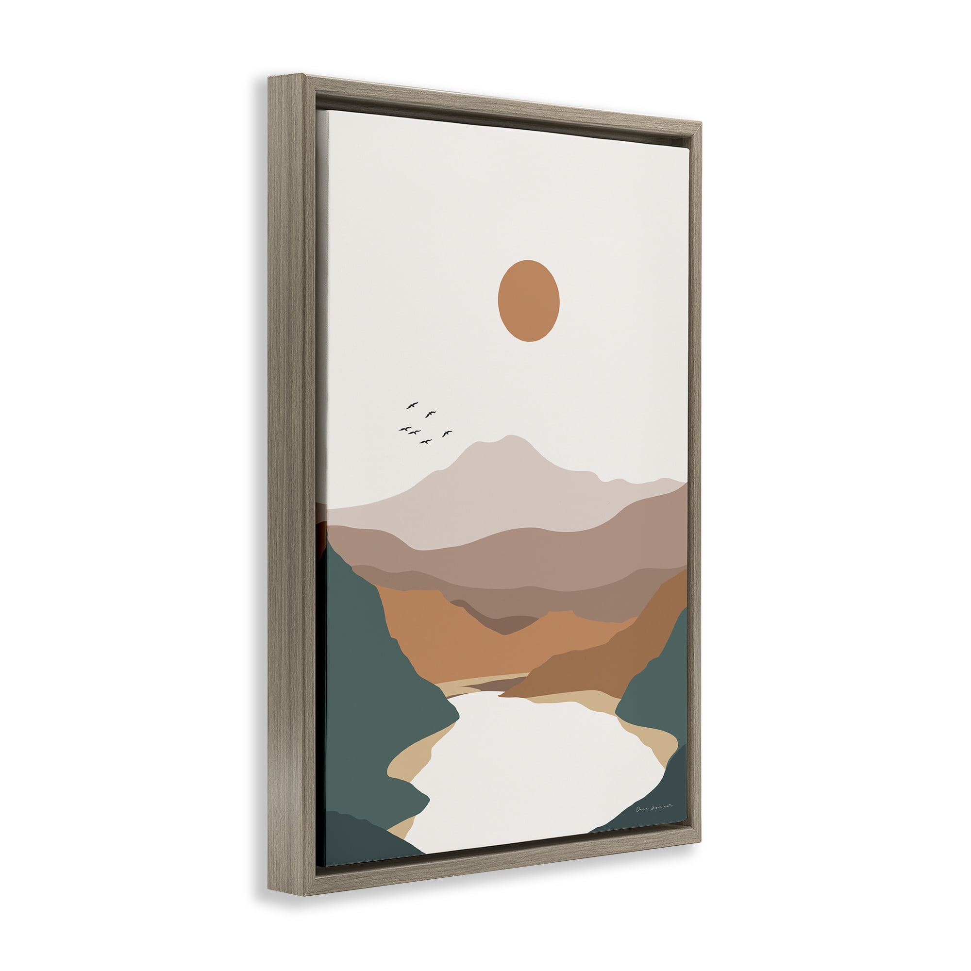 Stupell Industries Mountain Valley Lake Landscape & Nature Painting Brown Floater Framed Canvas Art Print Wall Art, 17 x 25