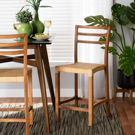 bali & pari Arthur Mid-Century Modern Walnut Brown Finished Wood and Natural Rattan Counter Stool