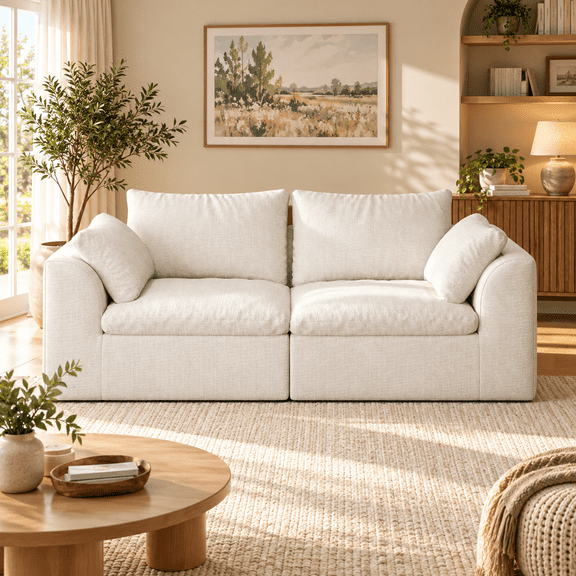 2-Seat Chenille Sofa, High-Elastic Foam Compression Couch for Living Room, White