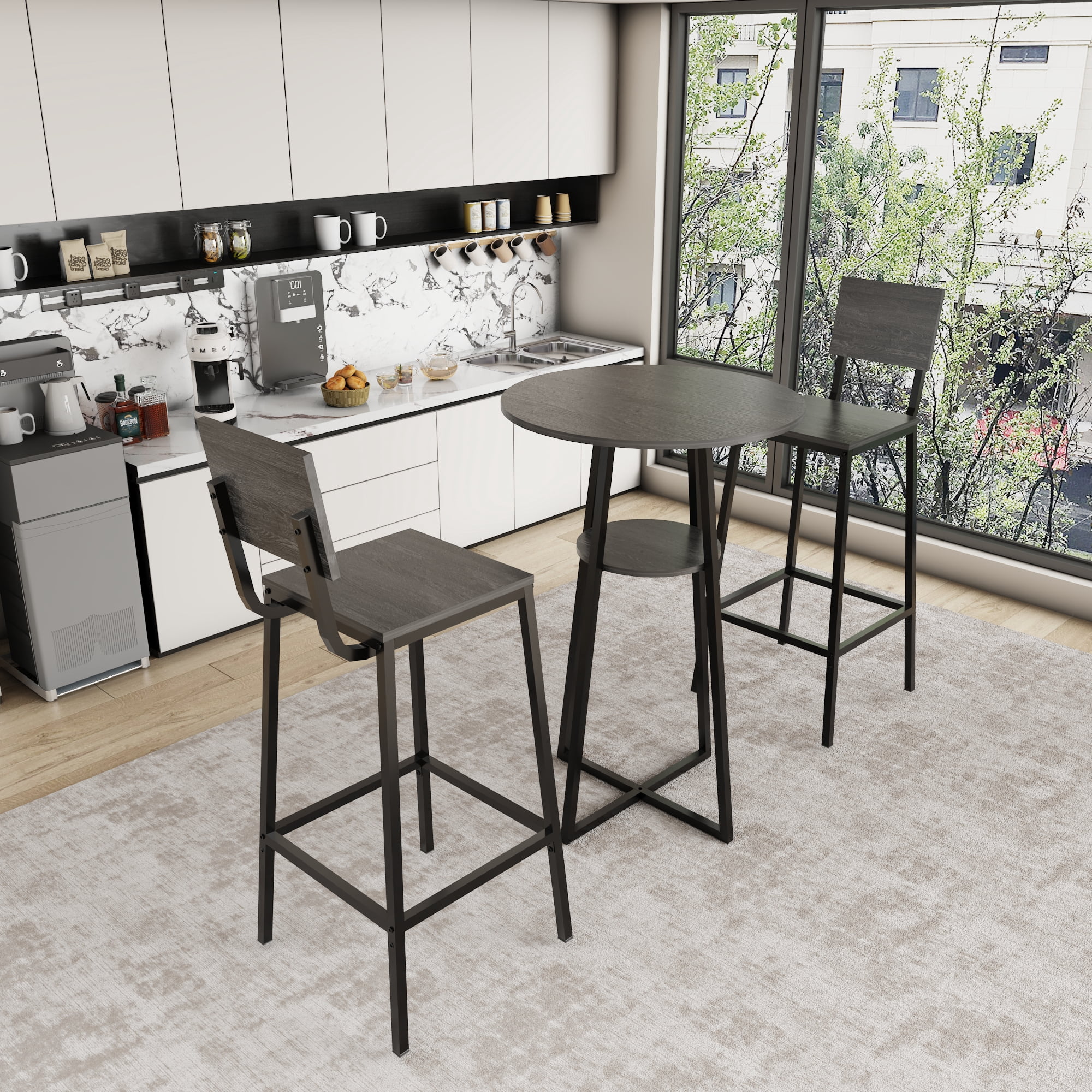 HOQBN 3 Piece Bar Table Set,Round Pub Height Bistro Table with 2 Bar Stools and Storage Shelf, Industrial Counter Height Dining Set for Kitchen, Apartment, Balcony & Cafe,Charcoal grey
