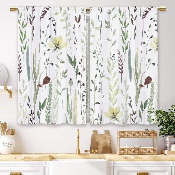 Sage Green Flower Kitchen Curtains Floral Leaves Small Short Cafe Window Curtains Rustic Botanical Wildflower Rod Pocket Bathroom Window Drapes Treatment Tier Curtains 2 Panels (27.5x39 Inch)