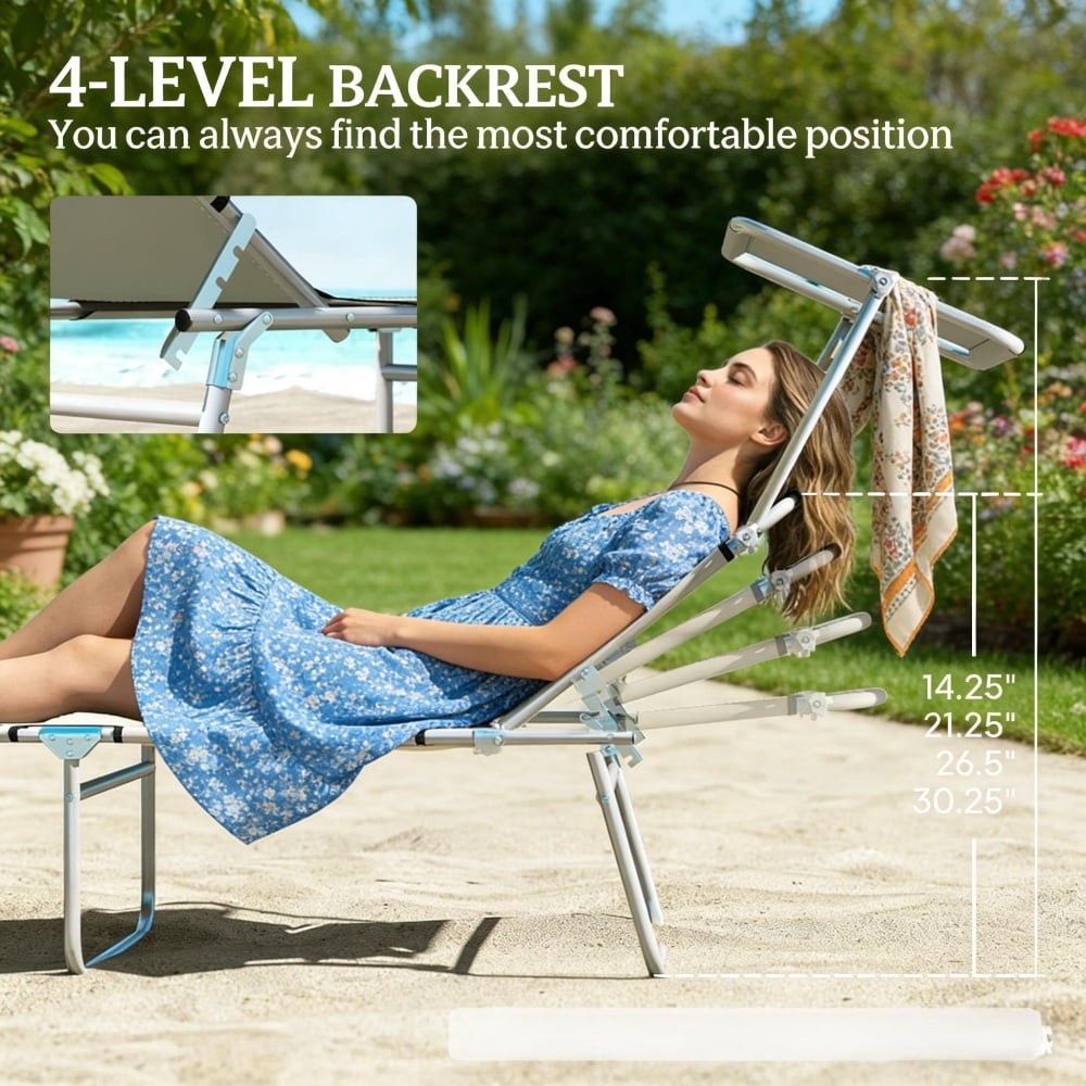 Outdoor Folding Chaise Lounge with Detachable Adjustable Sun Awning, 4-Level Reclining Backrest, Cream White Portable Pool Beach Lounger