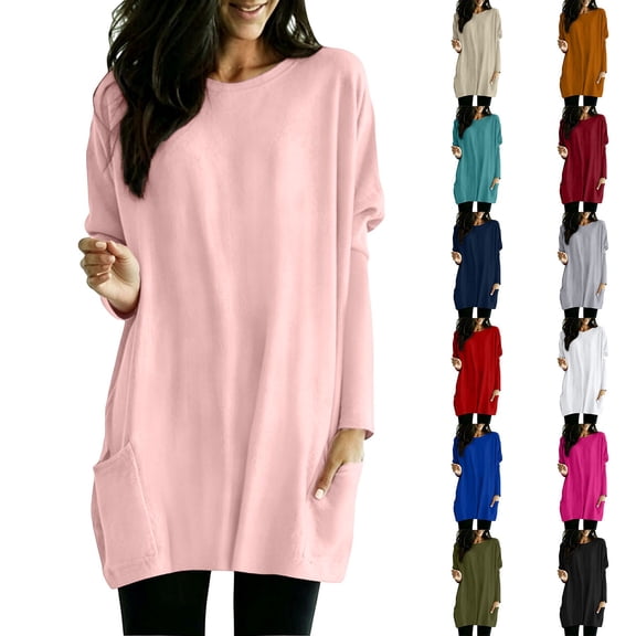 ZDNIXIAN Womens Long Sleeve Shirts ,Solid Crew Neck Casual Shirts with Side Pockets, Loose Fit Soft Tunic Blouse, Fashion Basic Long Length Pullover