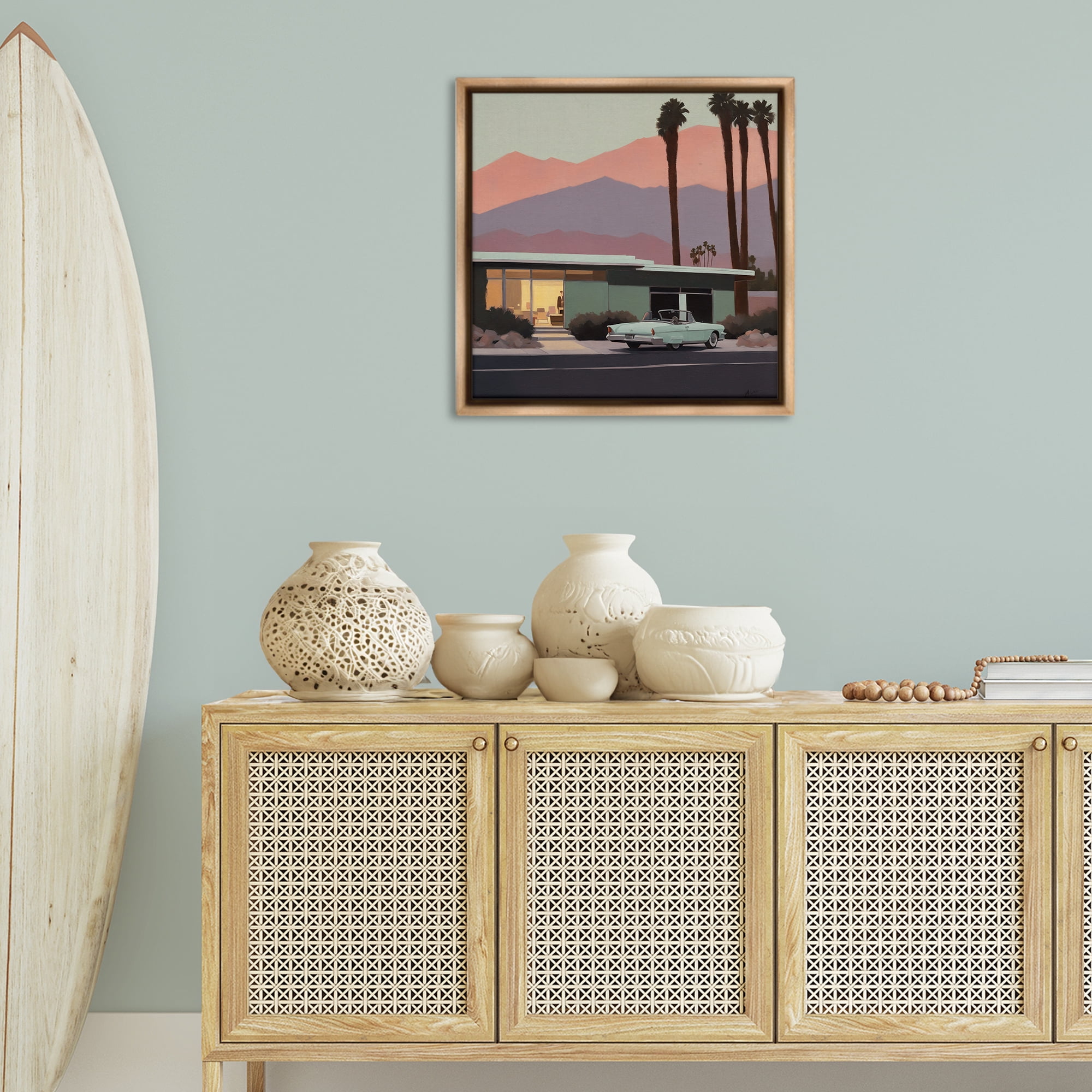 Stupell Industries Tropical House & Car Transportation Painting Brown Floater Framed Canvas Art Print Wall Art, 25 x 25