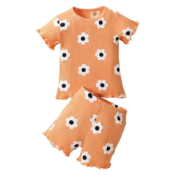 XZNPDUCQ Toddler Girls Summer Outfit Short Sleeve T-Shirt Tops Elastic Waist Shorts Set Girls Clothes Cartoon Print kids For 6 12 18 24 Months 2T 3T 4T 5T Dailywear Orange,6-12 Months