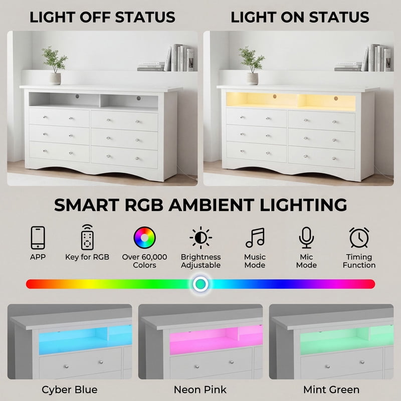 Lacoo 6 Drawer Dresser with Smart RGB LED Lights, Built-in Charging Station, Large Storage Chest of Drawers with Open Shelf