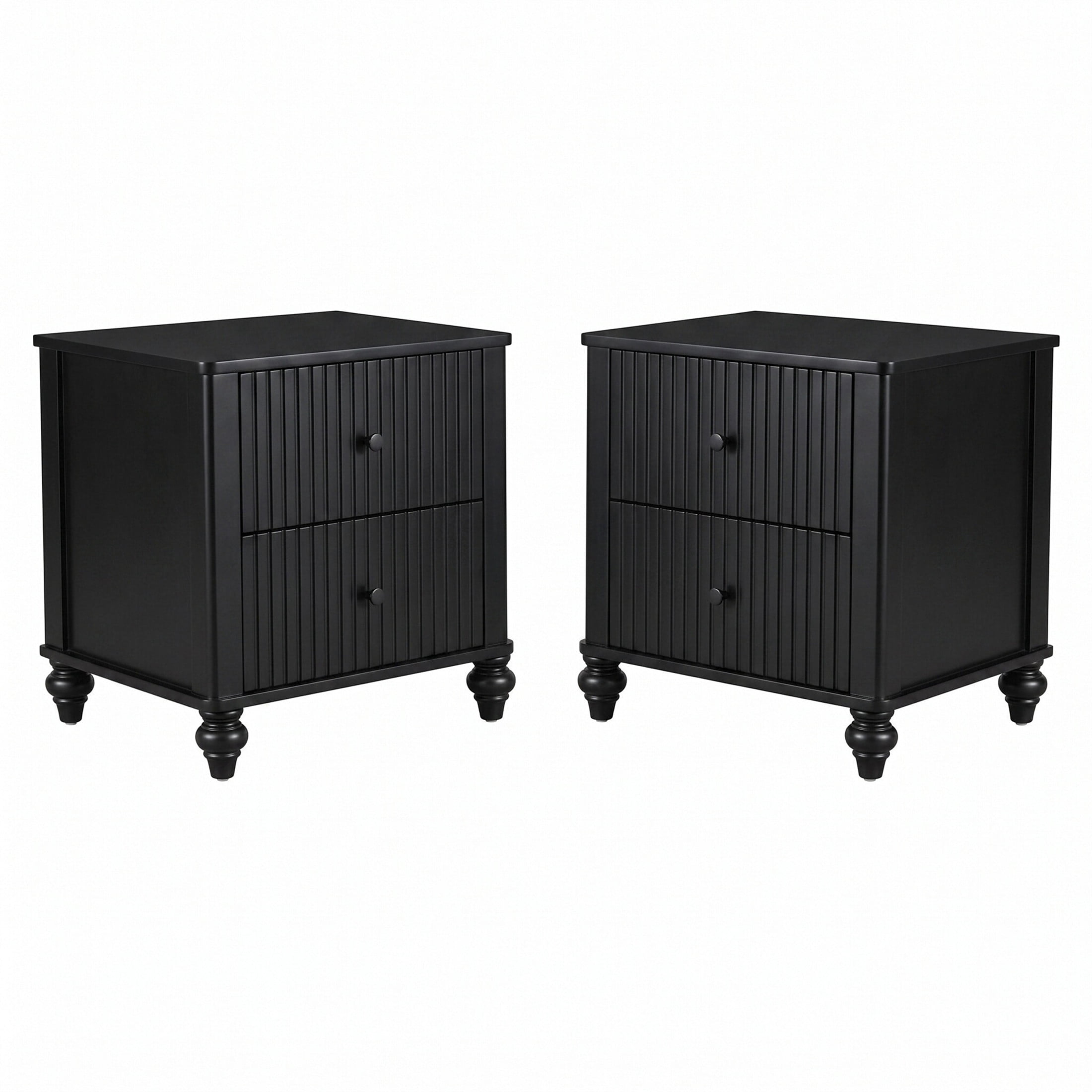 Christopher Knight Home Modern Fluted Nightstand, 2-Drawer Bedside Table with Turned Legs, Black, Set of 2