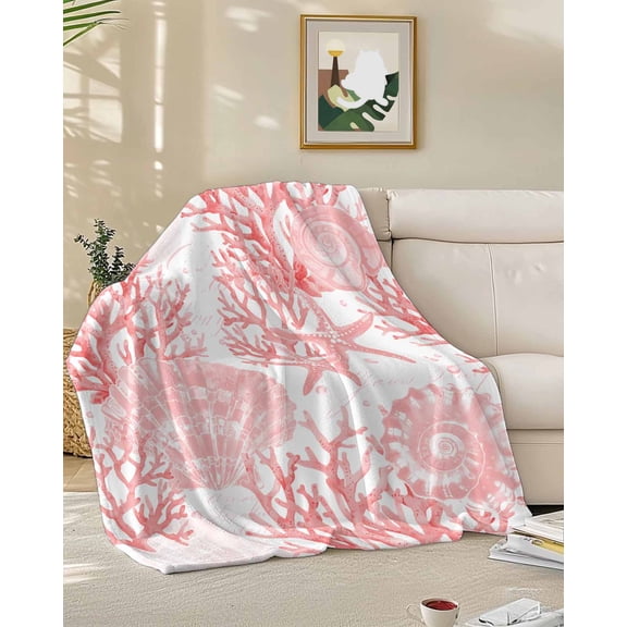 Fleece Blanket Pink Conch Coral Shell Starfish Blankets, Soft Cozy Warm Flannel Throw Blanket, Watercolor Marine Life Blanket for Bed Couch Sofa,50x60In