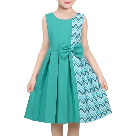 Vestido de Niña Verde con Chevrón, Contraste de Color, Vestido Veraniego, Escolar, Festivo, Casual, 8 Años