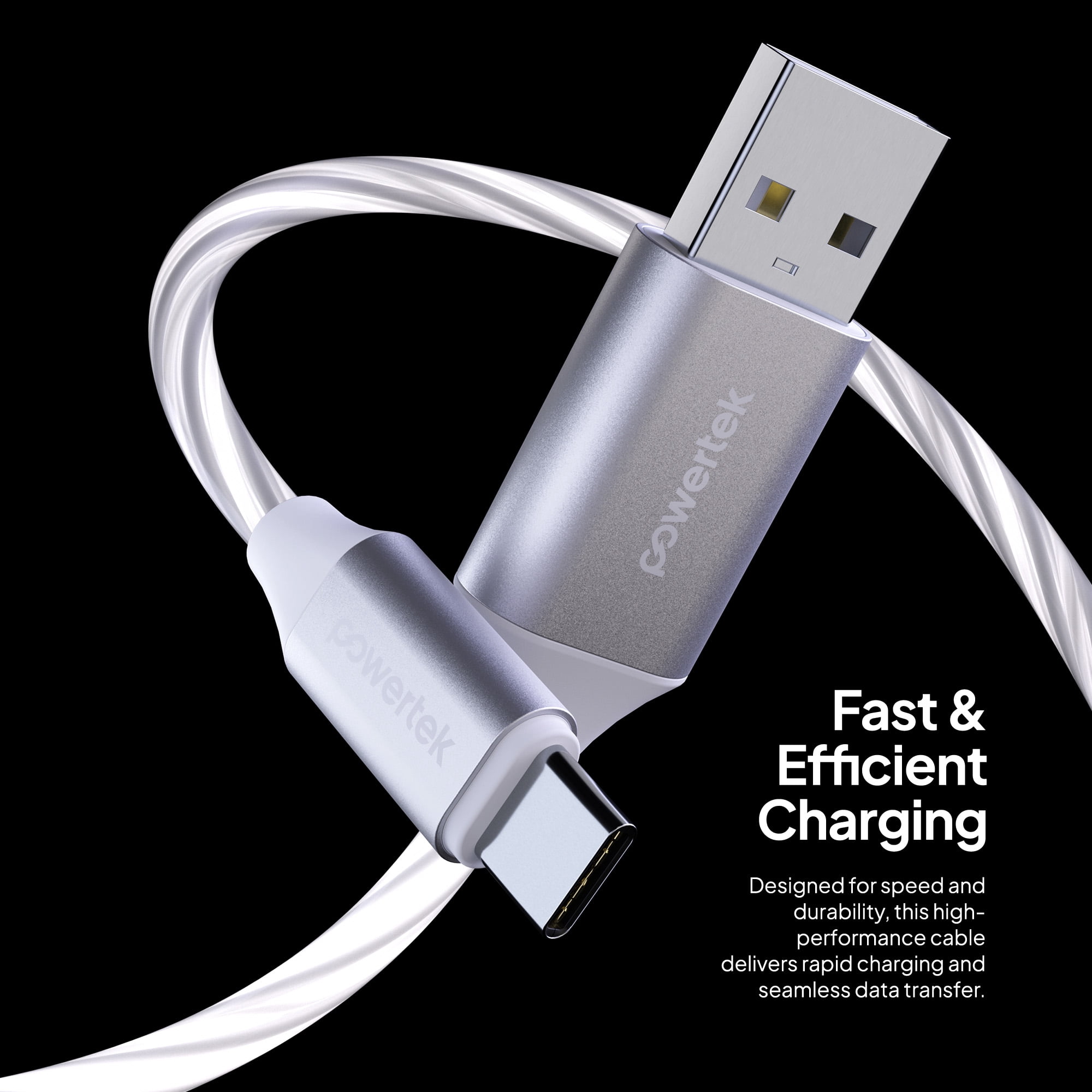 Powertek Light-Up USB-A to USB-C Charging Cable, 5 ft, White