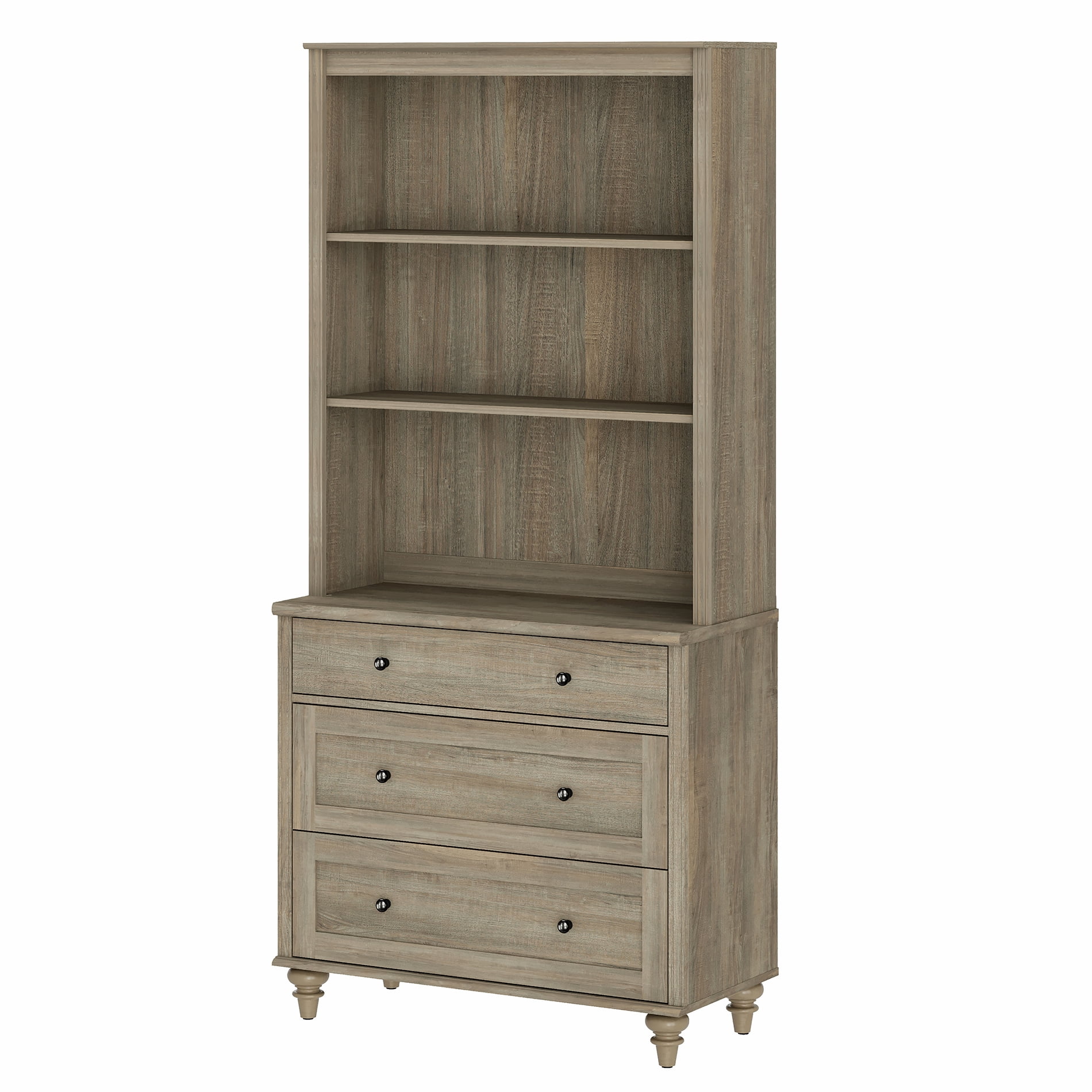 Farmhouse 5 Tier Bookcase With 3 Drawers, Wash Gray, 33.9" W