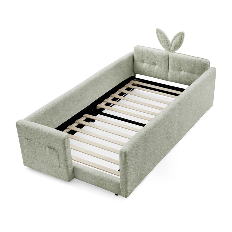 Twin Size Upholstered Platform Bed with Rabbit Ear Headboard, Kids Floor Bed with Storage Pocket & Safety Guardrail, No Box Spring Required