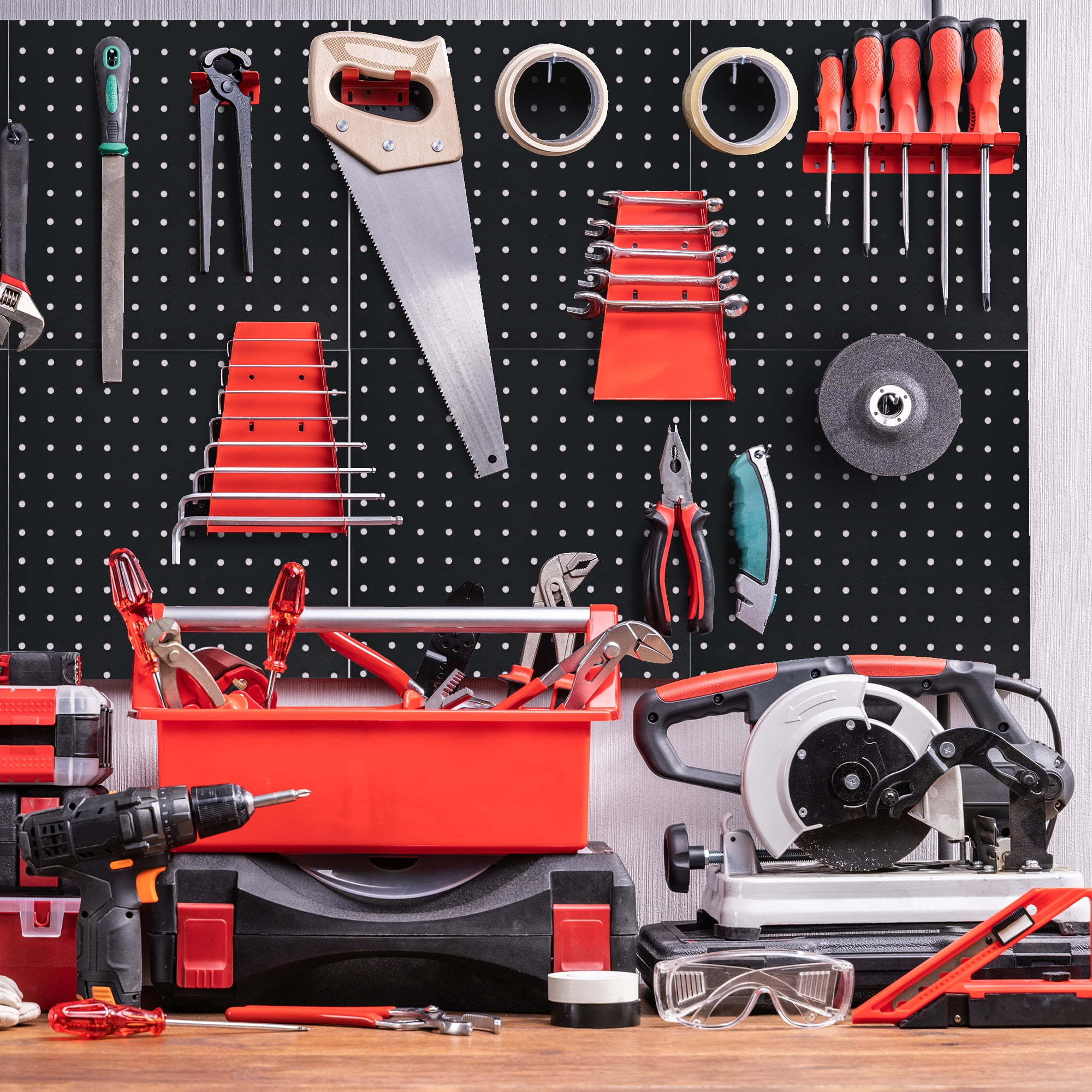 Gomok 4 pack Metal Pegboard Wall Organizer, 12"x12" Tool Organizer Pegboard Panels, Heavy Duty Peg Board Kit for Garage, Workshop, Office, Black