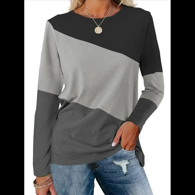 Blusas de Bloque de Color para Mujer, Estilo Túnica Informal de Larga con Cuello Redondo, Tipo Jersey. Gris Negro XXL