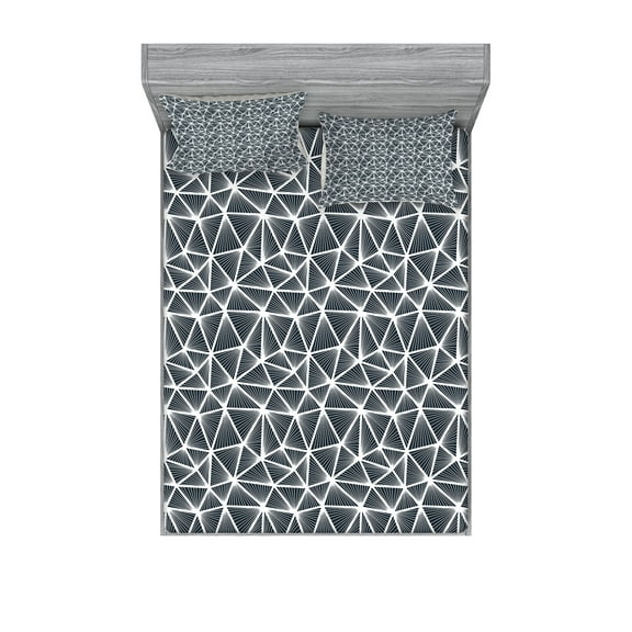 Ambesonne Geometric Fitted Sheet & Pillow Sham Set, Triangular Shapes Lines, Queen, Dark Blue Grey and White