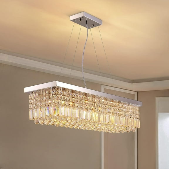 HOOMEDELIER 8-Light Modern Crystal Chandelier, Rectangular Raindrop Light Fixture for Living Room Dining Room