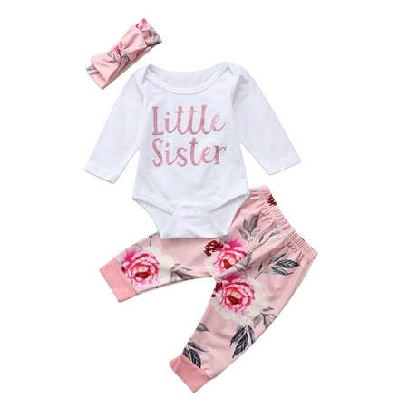 

Qtinghua Little Sister Newborn Baby Girls Flower Romper Tops+Long Pants+Headband Autumn Winter Outfits White 12-24 Months