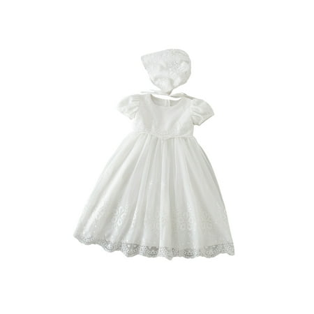 

Gureui Toddler Infant Baby Girls Christening Outfit Floral Embroidered Baptism Dress Gown with Bonnet 2 Pcs Clothes Set