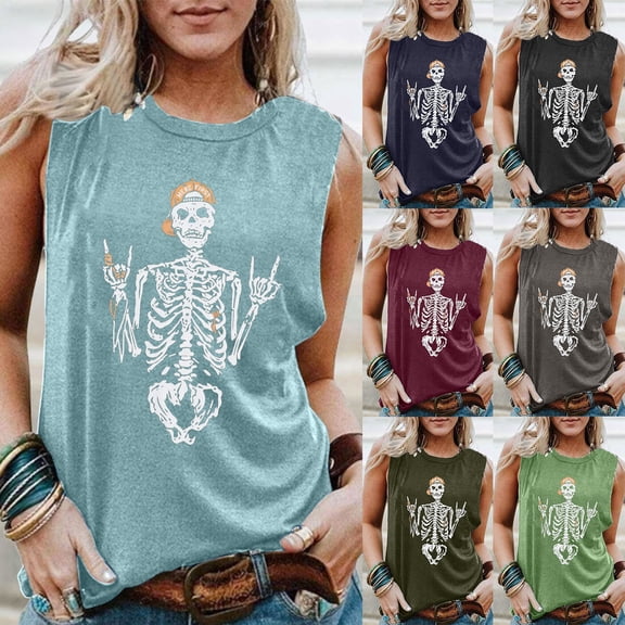 Trendfront Womens Skull Graphic Tops Figure Print Sleeveless Crewneck Casual Loose Fit Tank Tee Trendy Fashion T Shirts Daily Clothes