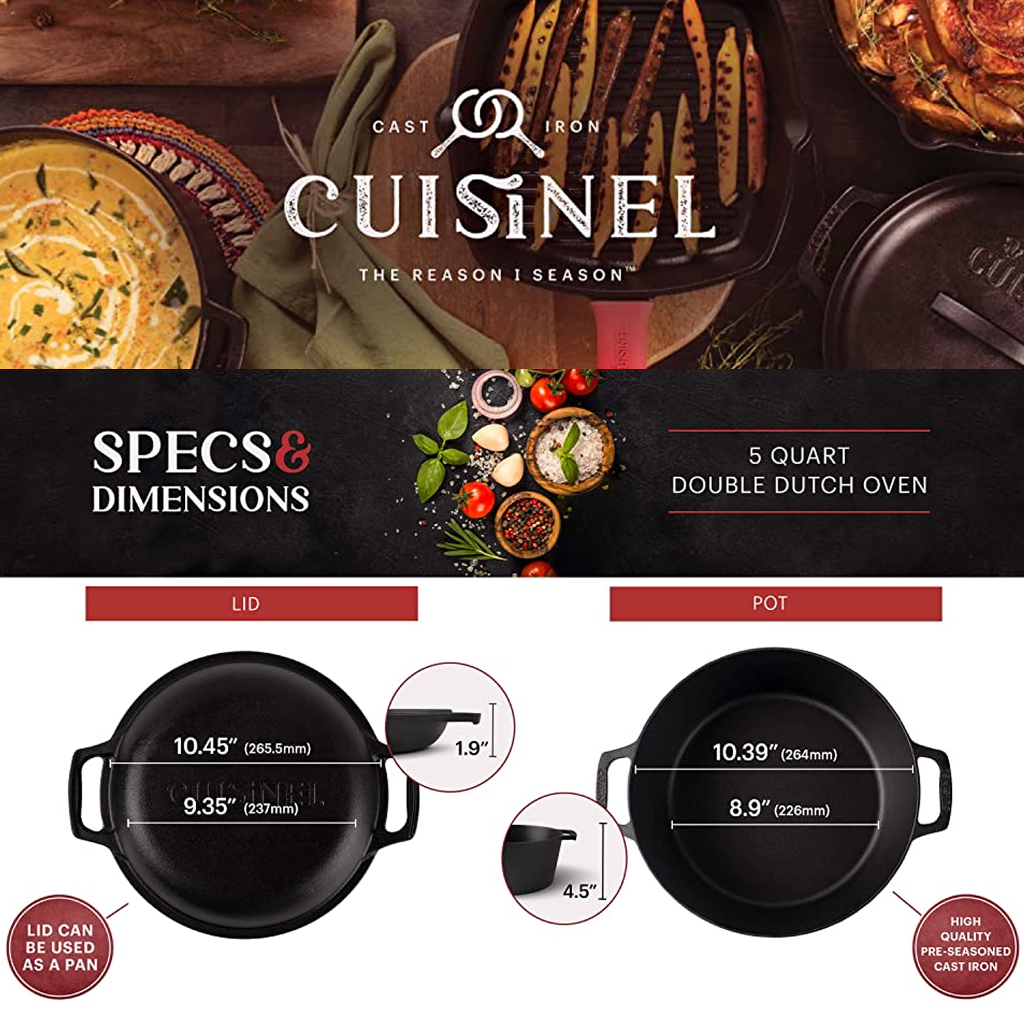 Cuisinel Pre Seasoned Cast Iron Skillet and 7 QT Double Dutch Oven Set