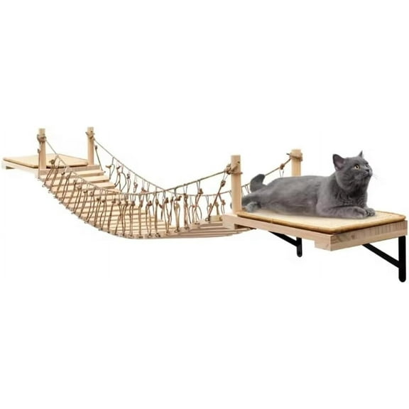 Wall-Mounted Cat Roped Bridge Long for Indoor Cats, Cat Wall Shelves for Sleeping, Playing, Climbing, Wooden Cats Bed and Perches with Sisal Scratch Mat
