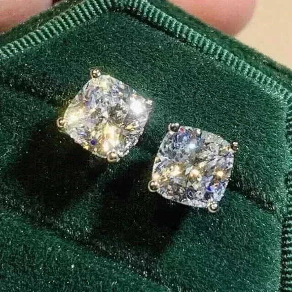 4Ct Certified Cushion Cut Diamond Solitaire Studs-Amazing Shine & Bling !