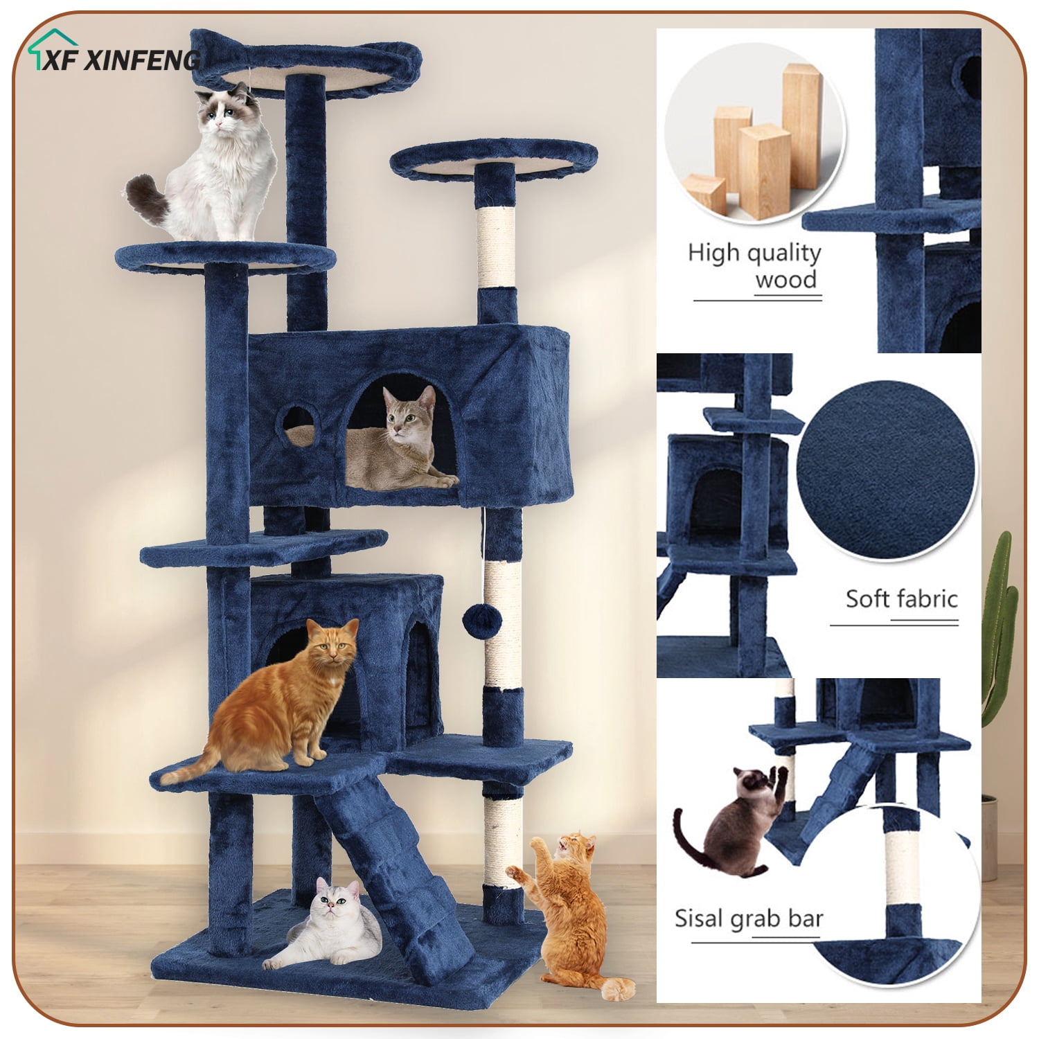 XF XINFENG 70 Inch Cat Tree Tower for Indoor Relaxing Climb Multi-Level Cats  Furniture Activity Center with Cat Scratching Stand House Cat Condo with Funny, Navy Blue