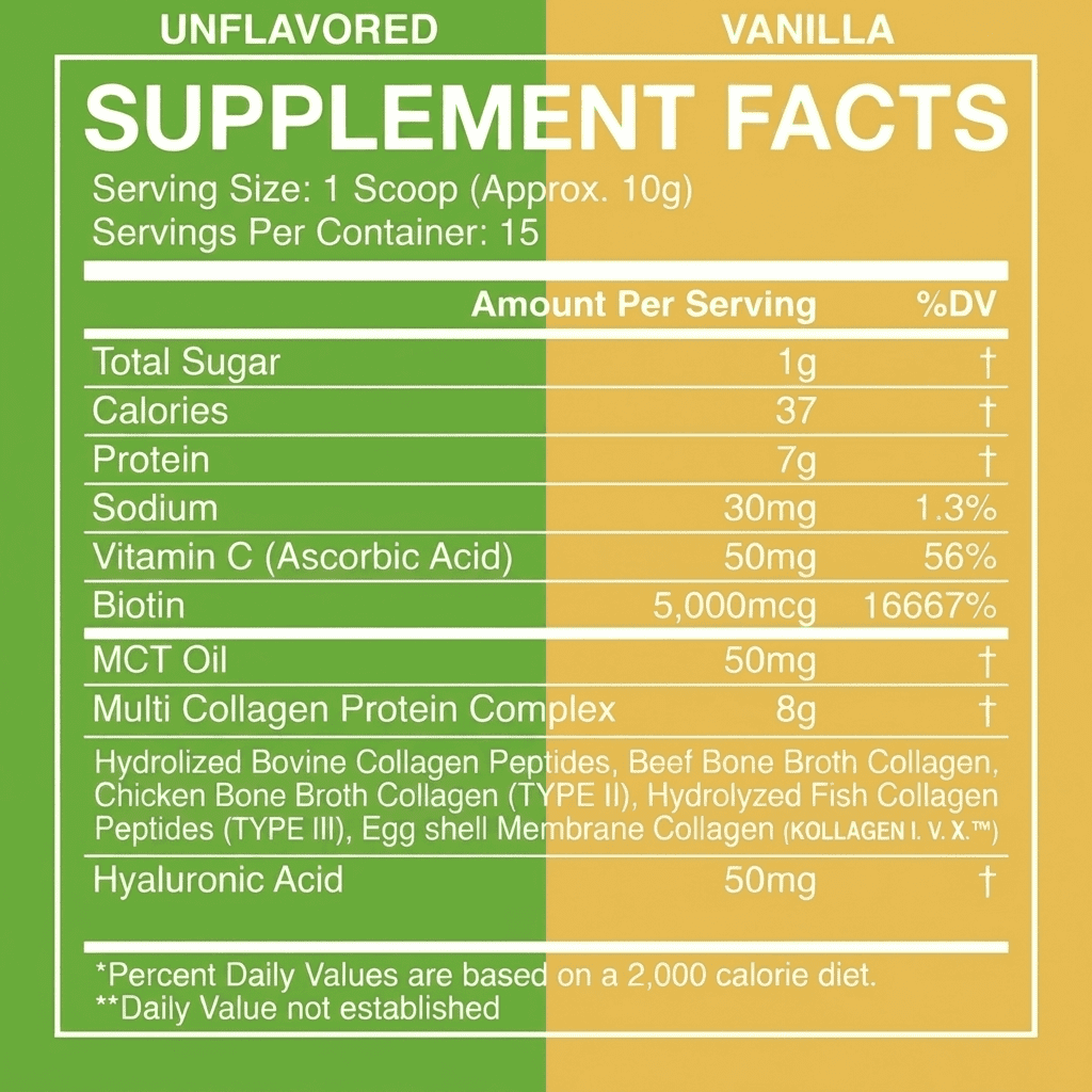 Nutribas Protein Multi Collagen Peptides Powder for Whole Body Support with MCT, Vitamin C, Biotin & Hyaluronic Acid, Unflavored & Vanilla, 9 oz