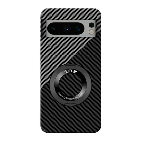 Carbon Fibre PC Case for Google Pixel 9 / 9 Pro,Magnetic Compatible with MagSafe Case 360° Rotatable Ring Stand Ultra Slim Protective Cover for Google Pixel 9 / 9 Pro,Black Silver