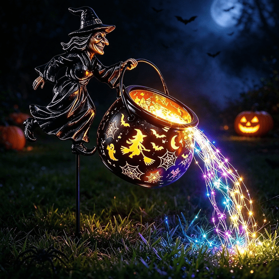 Halloween Witch Cauldron Garden Stake Light, Waterfall LED String Light Decor, Witch Cauldron Yard Decoration for Lawn Porch Outdoor Halloween Party Decor