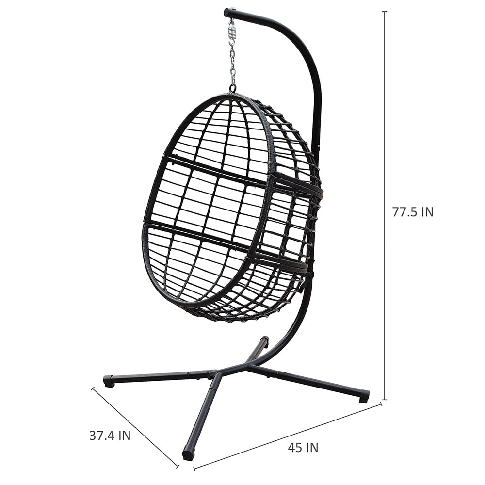 Abble Wicker Hanging Egg Chair with Cushion and Stand - Black
