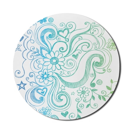 Flowers Mouse Pad for Computers  Rainbow Colored Ombre Sketch Design with Florals Blossom Ivy Leaves  Round Non-Slip Thick Rubber Modern Gaming Mousepad  8  Round  Turquoise White  by Ambesonne