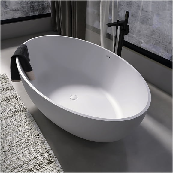 JERFIT 67" Freestanding Bathtub, Modern Soaking Tub with Matte White Solid Surface, Ergonomic Design for Bathroom Spa Experience