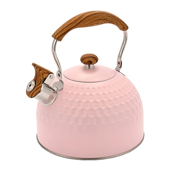 Lazsy Stovetop Tea Kettle Whistling Kettle Hammered Kettle Stainless Steel 2.5 Liter Pink Exterior Wood Grain Handle for Family and Guests