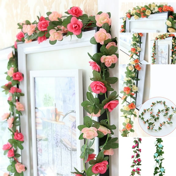 Walbest 98.4" Artificial Rose Vine Flowers Plant Rattan - Artificial Flower Fake Flowers Rose Vine Ivy Garland Hanging for Wedding Party Garden Wall Craft Art Decoration Silk Flowers