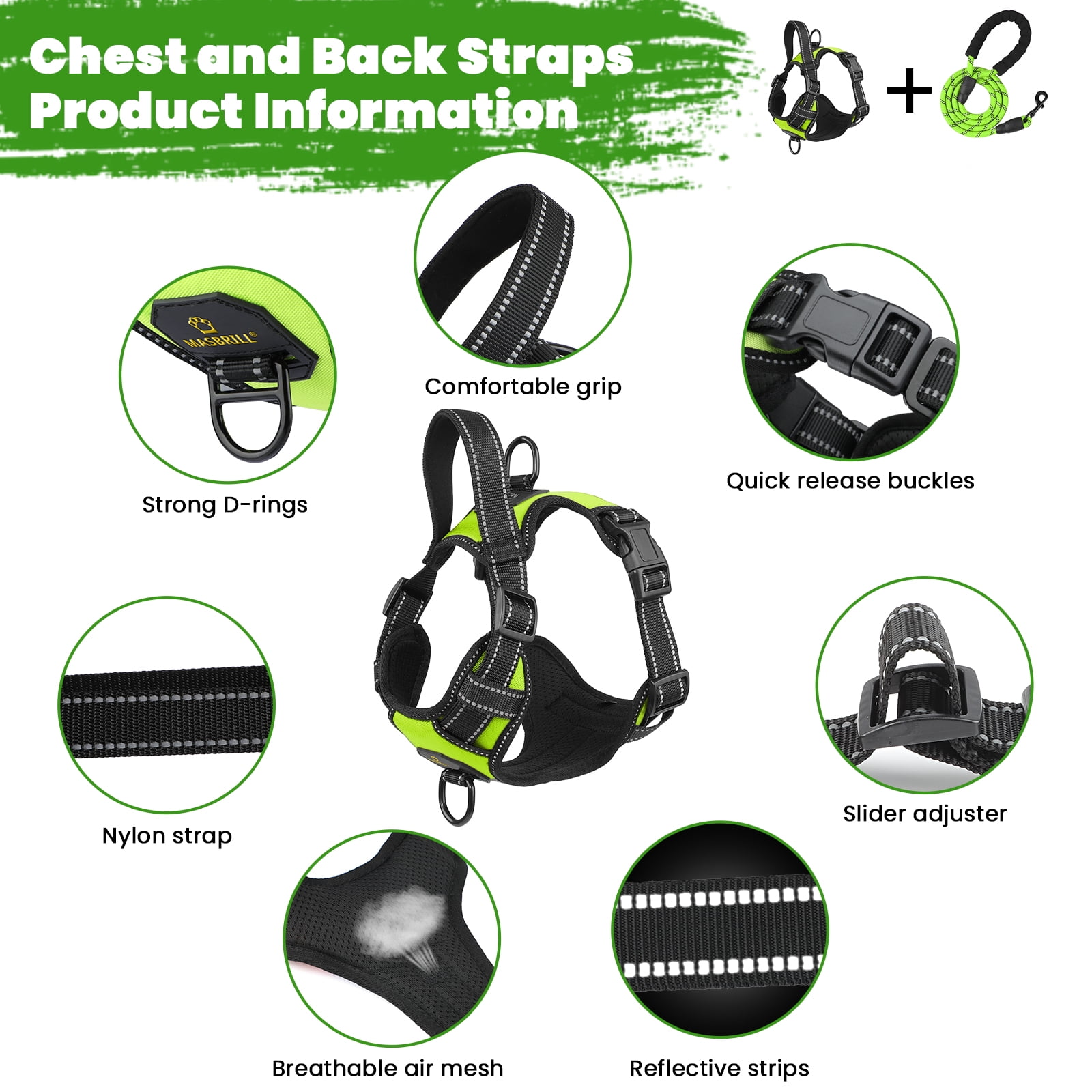MASBRILL Dog Harness and Leash Set, No Pull Vest Harness, Reflective Adjustable Soft Padded Pet Harness with Handle for Small to Large Dogs
